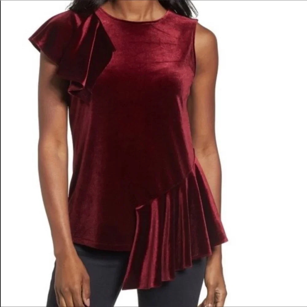 Halogen Red Velvet Ruffle Sleeve Top Blouse L NWT